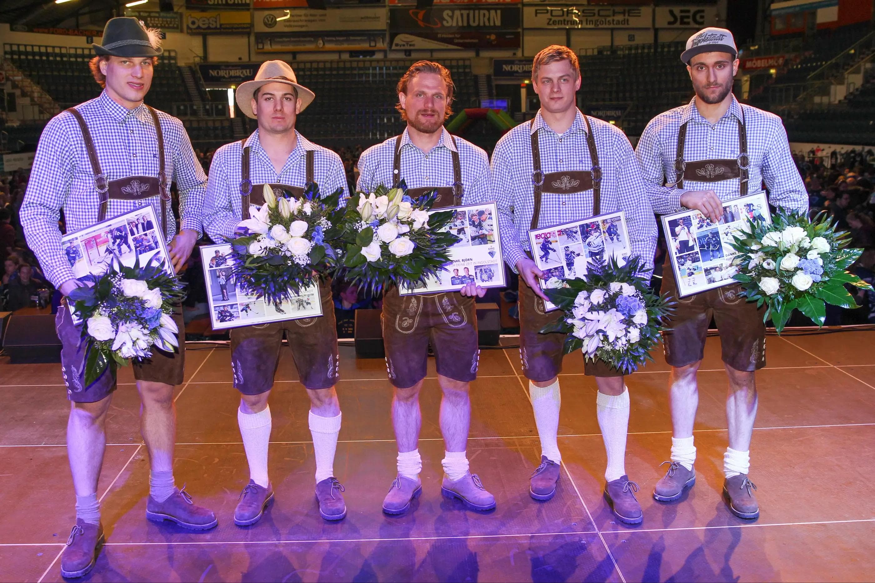 Fünf Panther wurden auf der Saisonabschlussfeier verabschiedet (v.l.n.r.): Brian Lebler, Jared Ross, Björn Barta, Martin Davidek, Stephan Kronthaler (Foto: Meyer)