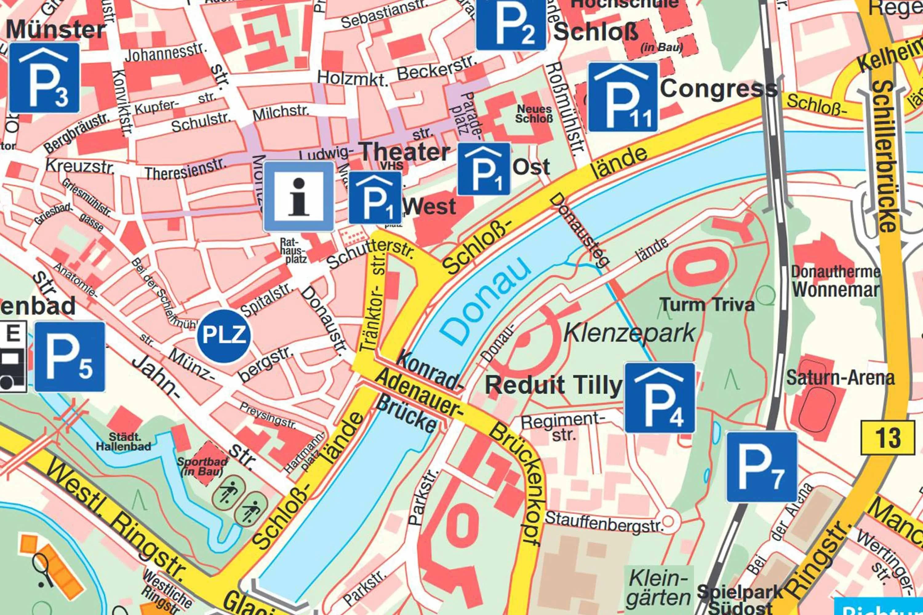 Die Grafik zeigt Parkmöglichkeiten in Nähe der Saturn Arena (in der Karte rechts mittig). Grafik: © 2017 Amt für Verkehrsmanagement und Geoinformation