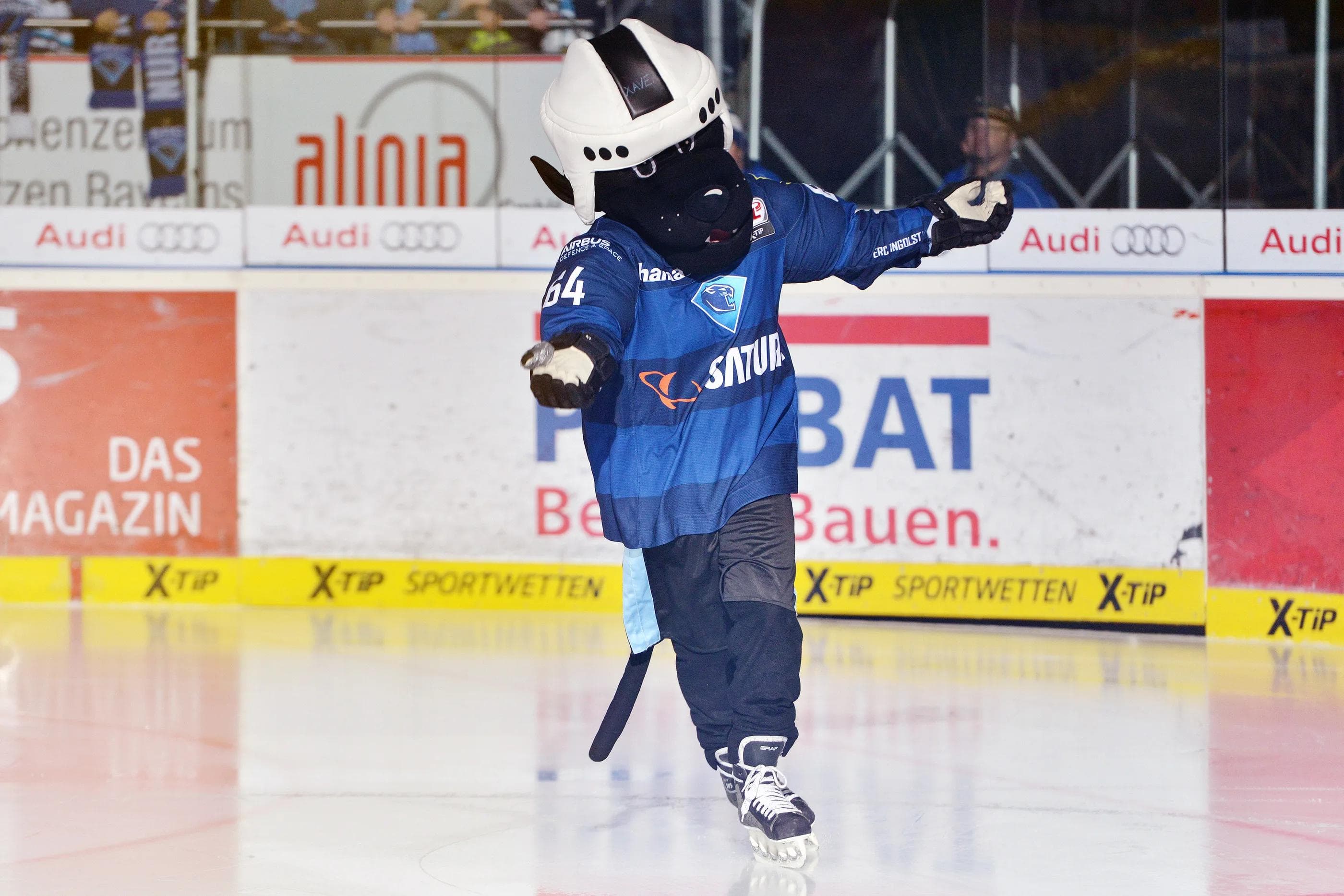 Xaver, der Schanzerpowerpanther, erzählt über seinen Schnee-Sturm. Foto: st-foto.de / Strisch - Traub
