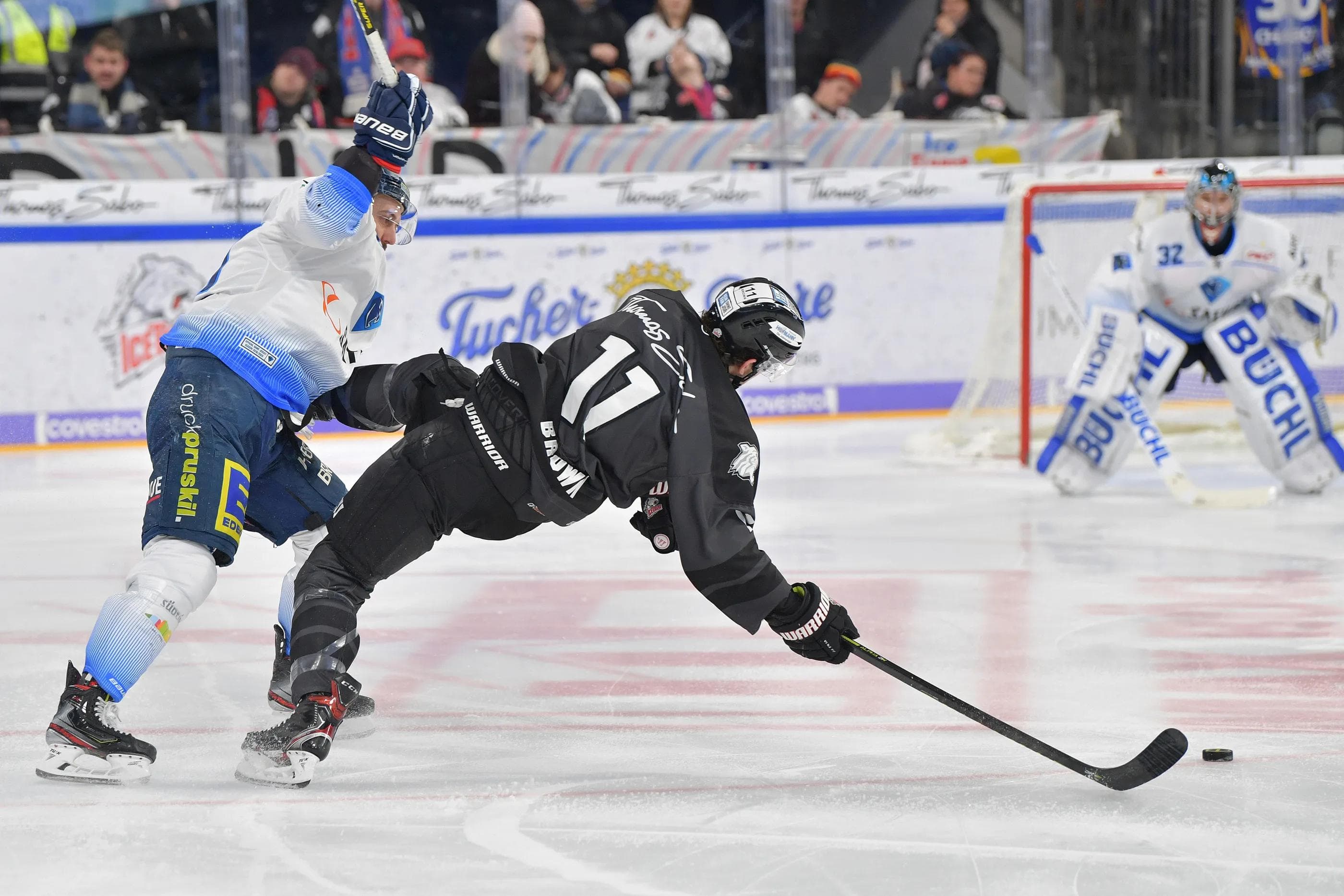Harte Checks und volle Leidenschaft. Sean Sullivan und die Panther wollen morgen gegen die Nürnberg Ice Tigers voll dagegenhalten und am Ende die Oberhand behalten.
Foto: Johannes TRAUB / JT-Presse.de