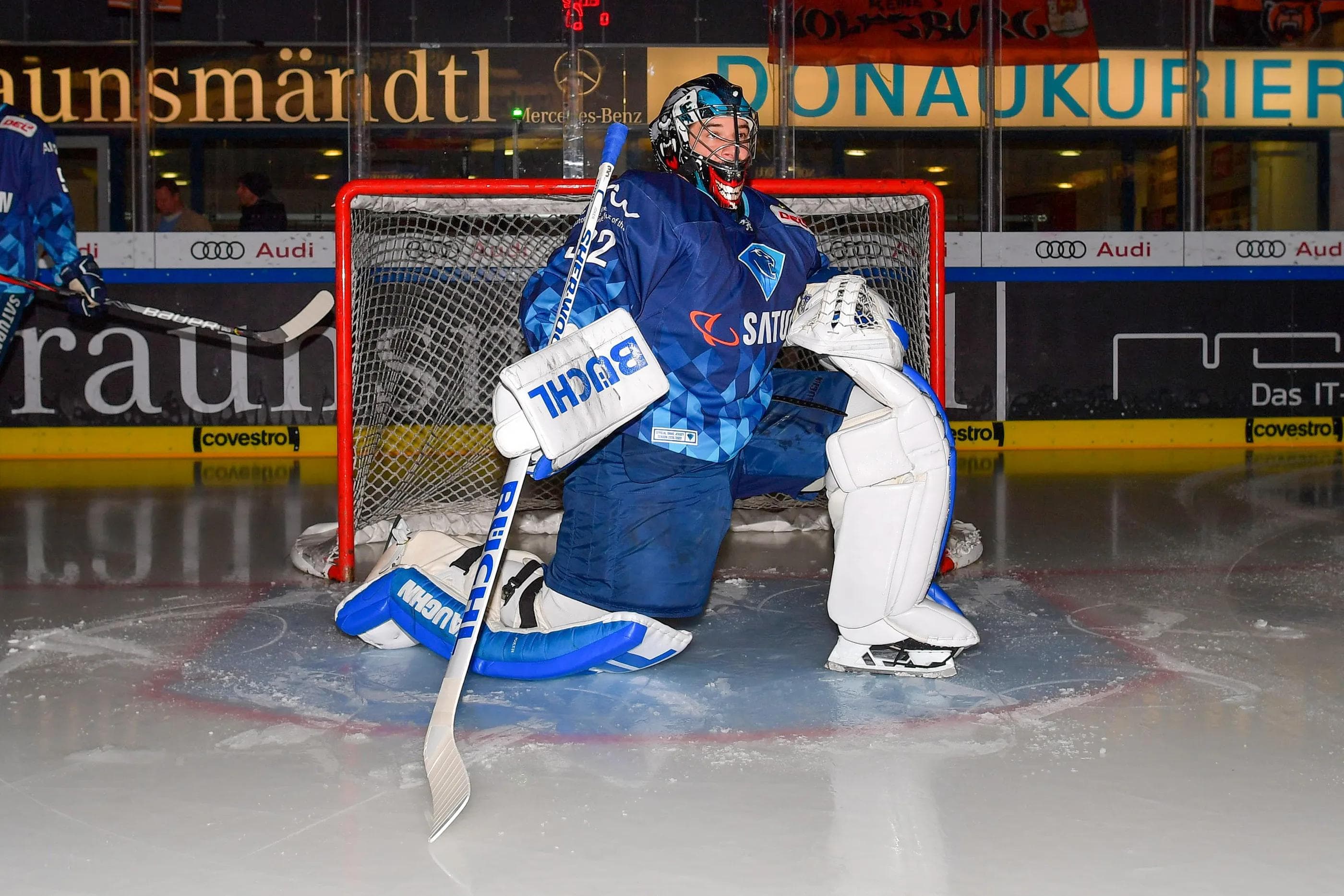 Die Panther um Goalie Jochen Reimer wollen heute im Derby gegen München erfolgreich sein.
Foto: Johannes TRAUB / JT-Presse.de