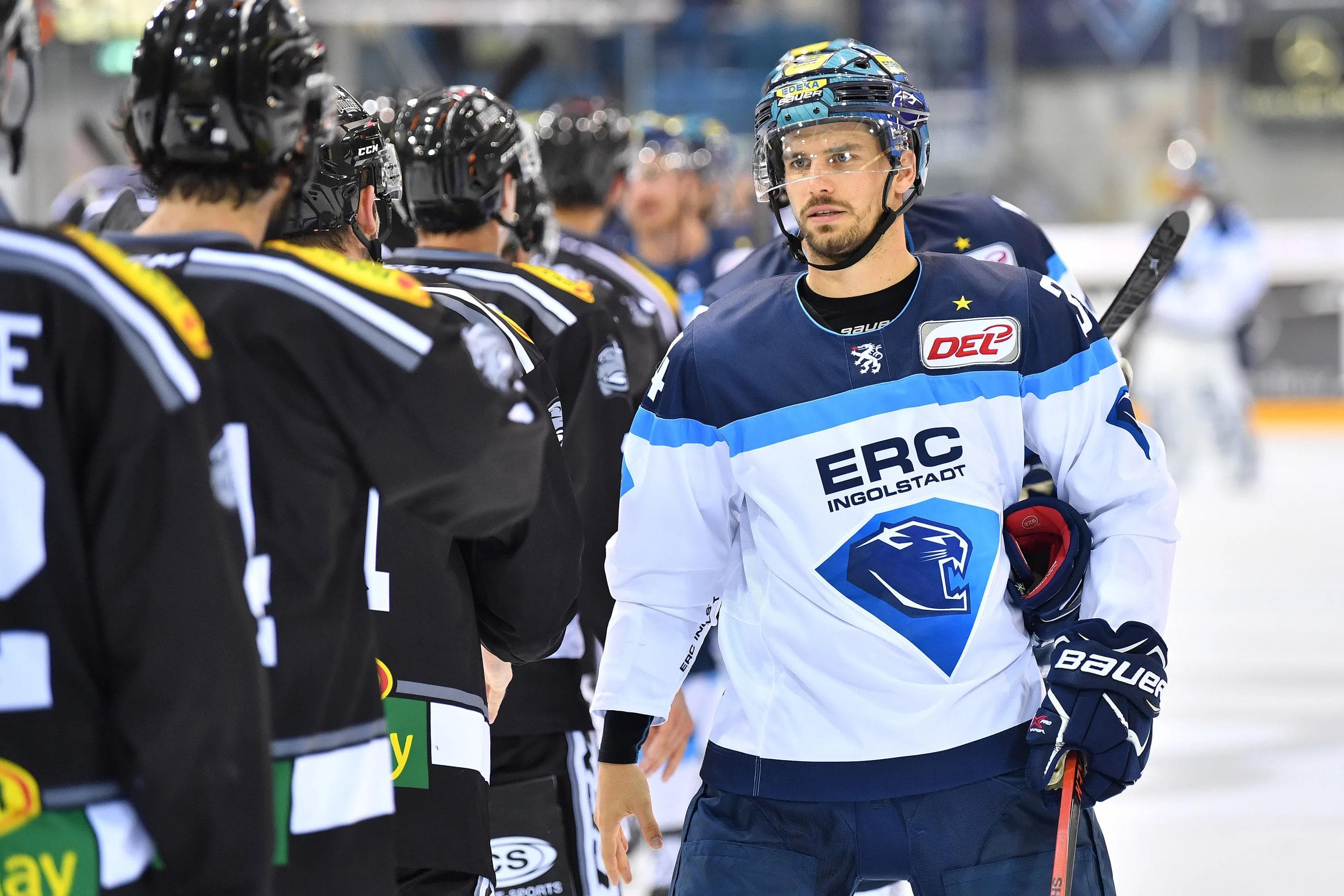 Benedikt Kohl beim Handshake mit den Dornbirn Bulldogs. Foto: st-foto.de / Johannes Traub